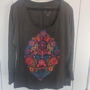 Lucky Brand Dark Gray Long Sleeve Top with Colorful Embroidery